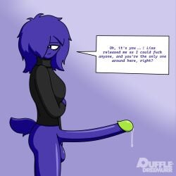 1futa artist_name blue_fur dialogue dialogue_box futa_only futanari penis precum precum_on_penis puffle puffle_yuki_(puffledreemurr) puffledreemurr sweater