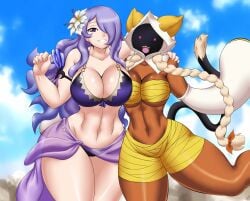 2girls bare_thighs beach beach_background big_breasts bikini black_panties blazblue breast_expansion breasts breasts_bigger_than_head bursting_breasts camilla_(fire_emblem) cat_ears cat_tail female fire_emblem fire_emblem_fates hips huge_breasts huge_hips huge_thighs inner_thighs kailyn large_breasts muscular muscular_female nintendo purple_hair skimpy_clothes tagme tan_body taokaka thick_thighs thighs