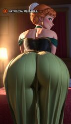 ai_generated anna_(frozen) artist_name ass ass_focus back bare_shoulders bent_over blonde_hair blue_eyes blush braid closed_mouth corset curtains disney disney_channel disney_princess dress female freckles from_behind frozen_(film) frozen_2 green_dress green_eyes hair_bun halterneck huge_ass indoors lamp leaning_forward looking_at_viewer looking_back meitabuu off-shoulder_dress off_shoulder orange_hair patreon_username short_hair single_hair_bun smile solo thighs web_address wide_hips