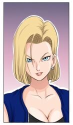1girls ai_generated android_18 big blue_eyes bob_cut border breasts cleavage close-up clothed confident dragon_ball dragon_ball_z earrings facing_viewer female female_focus female_only gradient_background highres kamegallery pixiv sexy sexy_expression voluptuous voluptuous_female