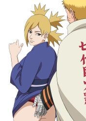 1boy 1girls ass ass_grab before_sex big_ass big_breasts boruto:_naruto_next_generations breasts cape cheating cheating_husband cheating_wife clothing female from_behind g-string jacket kimono kimono_lift long_hair looking_at_another looking_at_partner looking_back male male/female milf naruto_(series) ninrubio panties plain_background short_hair simple_background standing stealth_ass_grab temari text thong touching_ass underwear uzumaki_naruto voluptuous white_background