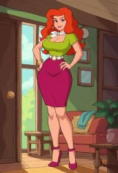 ai_generated big_breasts christmas cleavage clothed cousin_mel curvy_figure grandma_got_run_over_by_a_reindeer looking_at_viewer orange_hair shirt skirt solo