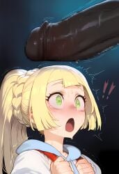 1boy 1girls ai_generated big_penis blonde_hair dark-skinned_male dark_skin green_eyes huge_cock kaikoi lillie_(pokemon) nintendo pokemon pokemon_sm surprised surprised_expression tagme