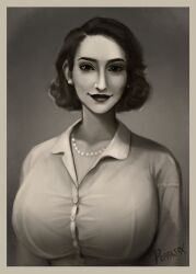 bralines collared_shirt huge_breasts looking_at_viewer monochrome necklace original pearl_necklace peppasox short_hair smile upper_body