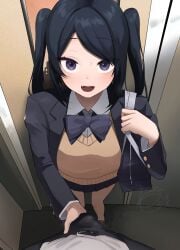 1boy :d absurdres bag belt black_hair black_skirt blazer blush bow bowtie brother_and_sister bulge bulge_through_clothing commentary crotch_grab donkichikin fangs female highres inseki jacket loafers long_hair looking_at_viewer open_mouth original paid_reward_available pleated_skirt pov purple_eyes school_bag school_uniform shoes siblings skirt smile straight teasing twintails