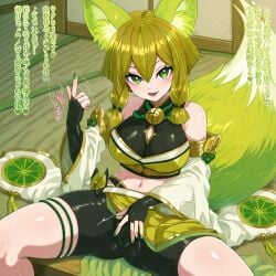1girls ai_generated bike_shorts breasts crop_top female female_focus female_only fluffy_tail fox fox_ears fox_girl fox_tail gesture gesture_hand green_clothing green_eyes green_hair green_tail hu-li_the_jewel_mikanko large_breasts short_hair sitting solo solo_female solo_focus spread_legs spread_pussy spread_pussy_under_clothes spreading thick thick_thighs thighhighs thighs yu-gi-oh!
