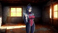 armor arms_behind_back bare_shoulders blue_eyes blue_hair bodysuit breasts brick_wall cg closed_mouth covered_navel covered_nipples cowboy_shot elbow_gloves female frown gloves highleg highleg_leotard indoors irelia_xan large_breasts league_of_legends leotard long_hair looking_at_viewer lust_in_runeterra official_art pantyhose parody purple_hair red_leotard shoulder_armor skin_tight solo standing sunlight window wooden_floor