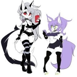 2girls anthro big_breasts breasts cleavage crossover ears female fingerless_gloves furry green_eyes grey_body grey_fur grey_hair helluva_boss hiel_(lucyfercomic) huge_breasts larger_female long_hair looking_at_each_other loona_(helluva_boss) lucyfercomic open_mouth outfit_swap phone ponytail purple_hair purple_tail red_sclera shorts size_difference smaller_female spiked_collar tagme tail thick_thighs thighhighs two_tone_body two_tone_fur two_tone_tail white_body white_eyes white_fur wide_hips wolf wolf_girl