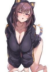 1girls all_fours blush boobs brown_hair crawling crouching curvy earrings female fringe hi_res i:p_masquerena jacket konami large_breasts light_skin looking_at_viewer looking_forward neko_punch_(user_hddm3373) open_mouth pose punchneko purple_eyes seductive simple_background solo teenager thighs yu-gi-oh!