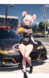 alternate_costume animal_ears bag bangs bare_legs black_footwear black_shirt breasts car covered_navel day eyebrows_visible_through_hair female full_body ground_vehicle looking_at_viewer motor_vehicle mouse_ears outdoors parted_lips red_eyes road shirt shoes short_hair short_sleeves shorts silver_hair solo standing tail thighs v w white_hair