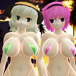 2025 2girls 3d adult_female beach big_breasts bikini breasts cleavage clouds duo_focus green_eyes_female green_hair_female hat hati_yukkuri_mmd headband headwear hips holding_arms holding_each_other jpeg koishi_komeiji light-skinned_female light_green_hair looking_at_viewer mmd open_mouth outdoors palm_tree pink_eyes_female pink_hair_female satori_komeiji short_hair siblings sisters sunset swimsuit touhou waist youkai