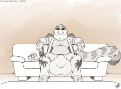 anthro avian balls_outline beak big_bulge biped bulge clothed clothing detailed_bulge digital_media_(artwork) drxii feathered_wings feathers fur furniture genital_outline grimm_(grimmagent) gryphon hi_res huge_bulge male male_anthro mammal mythological_avian mythological_creature mythology penis_outline simple_background sitting smile sofa solo tail wings