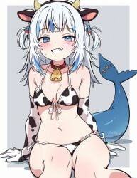 1girls asami-chan bell bell_collar bikini blue_eyes blue_hair blush collar cow_ears cow_girl cow_horns cow_print cow_print_armwear cow_print_bikini cowbell elbow_gloves female gawr_gura gloves hairclip hololive hololive_english hololive_myth light-skinned_female light_skin shark_girl shark_tail short_hair solo solo_female sweatdrop tail twintails two_tone_hair virtual_youtuber white_hair