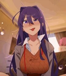 2025 2girls aheagao animated bare_back blush comedic comedy doki_doki_literature_club funny implied_masturbation khyleri looking_at_viewer masturbating_with_pen meme messy_hair natsuki_(doki_doki_literature_club) pen pink_hair purple_eyes purple_hair school_uniform schoolgirl squirt tongue tongue_out twitter_link twitter_username yuri_(doki_doki_literature_club)