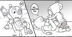 2boys animate_inanimate anus balls bed bottomless brother brothers clothed clothing comic cup cuphead cuphead_(game) dialogue disembodied_hand disembodied_penis duo english english_text erection glans gloves humanoid humanoid_on_humanoid humanoid_penis imminent_anal imminent_penetration incest leg_grab legs_held_open legwear looking_down lying male mugman object_head on_back on_bed penis penis_size_difference shorts sibling side_view small_penis socks speech_bubble spread_legs spreading text toxic-boner video_games yaoi