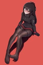 black_hair coat eye_patch feet fully_clothed gloves jacket library_of_ruina misg1111 pantyhose ponytail project_moon soles_of_feet_in_stockings stockings tenma_(library_of_ruina)