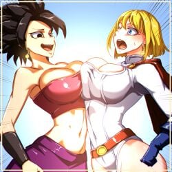 2girls big_breasts black_hair blonde_hair blue_eyes breasts caulifla crossover dc dc_comics dragon_ball dragon_ball_super earrings eastern_and_western_character female female_only khear large_breasts multiple_girls potara_earrings power_girl superman_(series)