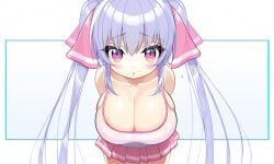 ai_generated bangs beauty blue_hair blush breasts busty cleavage collarbone curvy cute female female girl hair_between_eyes hourglass_figure huge_breasts long_hair looking_at_viewer oppai pink_eyes ribbon_in_hair riko_(shuz) shiny_hair shiny_skin shortstack skindentation solo stockings stretched_clothing tank_top thebillai thighhighs tight_clothes very_long_hair voluptuous wide_hips
