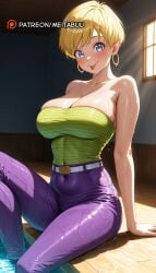 :p ai_generated arm_support bare_arms bare_shoulders belt belt_buckle blonde_hair blue_eyes blush breasts buckle cleavage collarbone covered_navel dragon_ball dragon_ball_super dragon_ball_z earrings erasa female green_shirt high-waist_pants hoop_earrings indoors jewelry large_breasts light_rays looking_at_viewer meitabuu pants poolside purple_pants shirt short_hair shounen_jump sitting skindentation smile soaking_feet solo strapless strapless_shirt sunlight tight_clothes tongue tongue_out tube_top water wet wet_clothes white_belt window