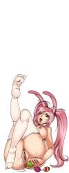 anal anal_object_insertion animal_ears anus ass breasts bunny_(hentai_heroes) butt_plug candy cg clitoris cum cum_in_pussy cumdrip easter_bunny_(hentai_heroes) egg feet female female_pubic_hair food green_background hentai_heroes kinkoid large_breasts leg_lift legs_up long_hair looking_at_viewer lying makeup nipples nude object_insertion official_art on_back open_mouth parody pink_hair pubic_hair pussy pussy_juice rabbit_ears sex_toy simple_background smile soles solo spread_pussy thick_thighs thighhighs thighs toes tongue tongue_out twintails uncensored white_thighhighs
