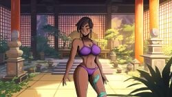 abs bikini black_hair bra braid breasts brown_hair cg cleavage closed_eyes dark-skinned_female dark_skin facial_tattoo female full-body_tattoo glasses hair_over_shoulder jewelry karma_(league_of_legends) large_breasts league_of_legends long_hair lust_in_runeterra navel official_art panties parody plant purple_bikini purple_bra purple_panties short_hair solo standing swimsuit tattoo toned tree underwear underwear_only window