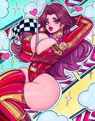 1girls blue_eyes brown_hair busty checkered_flag cleavage earrings full_lips gloves huge_breasts light-skinned_female light_skin mario_(series) mario_kart mario_kart_world pauline pauline_(mario) purple_eyeshadow racing_suit small_waist theartofmathew thick thick_thighs thighhighs