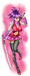 black_thighhighs breasts cg cleavage clothing_cutout dual_wielding female fishnets full_body garter_belt garter_straps hentai_heroes high_heels holding holding_sword holding_weapon katana kinkoid kunohana_(hentai_heroes) lace-trimmed_legwear large_breasts legs lips long_hair looking_at_viewer miniskirt navel ninja official_art parody ponytail purple_hair red_eyes reverse_grip scarf shirt skirt smile solo sword thighhighs weapon