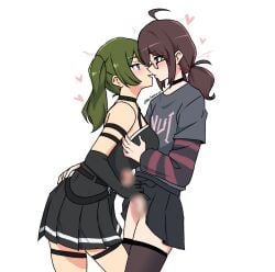 1boy ahoge artist_self-insert bare_shoulders black_choker black_dress black_thighhighs breasts brown_hair censored choker dress female flat_chest green_hair grey_shirt grey_skirt hand_on_another's_ass handjob heart highres imminent_kiss large_breasts leaning_forward long_hair looking_at_another medium_hair original pleated_skirt purple_eyes shirt skirt sleeveless sleeveless_dress sousou_no_frieren standing the_freakin_yui thighhighs trap ubel_(sousou_no_frieren) zettai_ryouiki