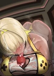 1boy absurdres ahoge ass blonde_hair blush breasts censored cum cum_in_mouth cum_on_ass cum_on_body cum_on_breasts cum_on_hair cum_on_tongue elegg_(boom_and_shock)_(nikke) elegg_(nikke) facial fellatio female goddess_of_victory:_nikke hair_over_breasts heart heart_censor highres huge_breasts indoors licking licking_penis nagasaki_ken_(stellar_wind) oral paizuri penis pov short_hair slingshot_swimsuit straight swimsuit yellow_slingshot_swimsuit