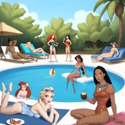 6+girls 9girls african_american ai_generated aladdin aladdin_(1992_disney_film) arabian arabian_female ariel ariel_(the_little_mermaid) arm_tattoo asian asian_female ass aurora_(sleeping_beauty) bare_legs bare_shoulders bare_thighs barefoot bathing_suit beach_ball beach_chair beauty_and_the_beast beauty_and_the_beast_(1991_film) belle belle_(beauty_and_the_beast) bikini black_eyes black_hair black_hair_female blonde_female blonde_hair blonde_hair_female blue_eyes blue_sky book braid braided_hair brave brown_hair brown_hair_female cloud cocktail coconut_drink dark-skinned_female dark_hair dark_skin disney disney_princess elsa_(frozen) fa_mulan feet feet_in_water feet_up female female_only fit_female floater floating_object flower_in_hair frozen_(film) frozen_2 ginger ginger_female ginger_hair group hair hair_bun hairband headband legs_in_water light-skinned_female light_skin lipstick long_hair looking_at_viewer lying lying_down lying_on_stomach makeup merida mulan mulan_(1998_film) native_american native_american_female necklace one-piece_swimsuit outdoors outside parasol petite_body pixar plant pocahontas pocahontas_(character) pool pool_party poolside popsicle princess princess_jasmine reading reading_book red_hair red_hair_female redhead_female sexy sexy_body single_braid sky sleeping_beauty_(1959_film) straw_hat summer sunbathing sunglasses sunglasses_on_head swimming_pool swimsuit swimwear the_little_mermaid the_little_mermaid_(1989_film) the_princess_and_the_frog tiana tied_hair towel tree uzzlegorf water watermelon watermelon_slice