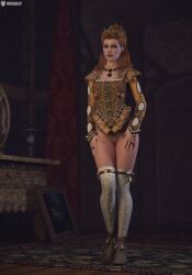3d anna_henrietta blonde_hair cd_projekt_red clothing crown earrings female light-skinned_female looking_at_viewer mascara missally necklace panties presenting_panties solo solo_female stockings the_witcher_(series) the_witcher_3:_wild_hunt