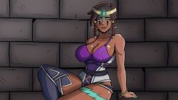 armor bare_shoulders blue_eyes bracelet braid breasts brown_hair cg circlet cleavage couch dark-skinned_female dark_skin earrings female jewelry karma_(league_of_legends) large_breasts league_of_legends lips lipstick long_hair looking_at_viewer lust_in_runeterra makeup nail_polish official_art parody short_hair sitting smile solo sweat tattoo thighhighs thighs