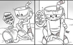 anal anal_sex animate_inanimate anvil_position bed blush bottomless brother brothers closed_eyes clothed clothed_sex clothing comic cup cuphead cuphead_(game) duo english english_text first_person_view gloves half-closed_eyes heart humanoid humanoid_on_humanoid humanoid_penis incest kneeling leg_grab legs_up legwear looking_down lying male male_penetrating male_pov moan mugman object_head on_back on_bed open_pants penetration penis precum sex shorts sibling socks speech_bubble toxic-boner video_games yaoi