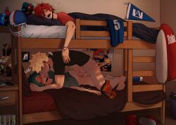 2boys all_might anal bakudeku bakugou_katsuki bed bed_sheet bedroom blanket blush boku_no_hero_academia bones_(company) curly_hair double_bed eijirou_kirishima fangs freckles green_hair izuku_midoriya katsuki_bakugou kirishima_eijirou messy_hair midoriya_izuku my_hero_academia nyxdrawhine on_bed penis poster_(object) red_hair saliva sex shounen_jump sleeping spiked_hair stairs yaoi
