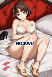 ai_generated brown_hair feet golden_high_heels high_heels lying_on_bed makoto_niijima noirwu persona_5 red_eyes sexy toes