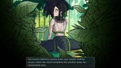 akali arm_tattoo ass back_tattoo bare_shoulders black_hair black_pants breasts cg closed_eyes closed_mouth english_text female forest from_behind grass hair_over_one_eye hair_ribbon leaf league_of_legends long_hair looking_back lust_in_runeterra nature official_art outdoors pants parody plant pointy_ears ponytail rope_belt short_hair shoulder_tattoo sitting smile solo split subtitled tattoo tree vines