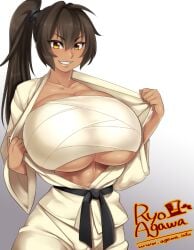 1girls abs artist_name black_hair dark-skinned_female exposing_breasts female gigantic_breasts keikogi looking_at_viewer ponytail ryo_agawa smiling_at_viewer solo tsurime_tsurichichi wrapped_breasts wrappings yellow_eyes