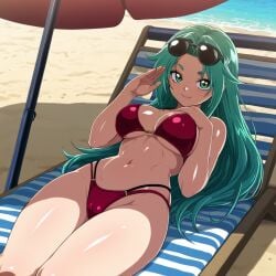 1girls ai_generated beach beach_umbrella bikini breasts cameltoe cleavage female female_focus female_only green_hair large_breasts long_hair looking_at_viewer lucky_cyan lying_on_chair red_bikini seductive sexy solo solo_female solo_focus sunglasses sunglasses_on_head thick_thighs thighhighs thighs to_be_hero_x umbrella