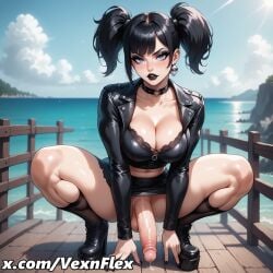 ai_generated beach black_bra black_footwear black_hair black_jacket black_nails black_skirt black_socks blue_eyes blue_sky boots breasts choker cleavage cloud collarbone cross-laced_footwear day earrings female fingernails foreskin futanari gothic hi_res high_resolution jacket jewelry large_breasts looking_at_viewer makeup nail_polish navel ocean outdoors patreon_username penis pier platform_footwear skirt sky socks solo spread_legs squatting sunlight testicles thick_thighs thighs twintails uncensored veins vexnflex water watermark