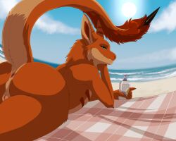 animal_genitalia anthro anus ass beach beach_towel casual_nudity fur genital_slit genitals green_eyes hi_res lawkie looking_at_viewer looking_back male markings orange_body orange_fur presenting presenting_hindquarters raised_tail red_markings sea side_eye solo spiked_tail spikes spikes_(anatomy) sunscreen tail tan_body tan_fur towel varik_(horugashep) water zorgoia