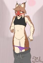 ajul_the_thing anthro blush bottomwear bottomwear_down bra clothed clothing ears_back embarrassed eurasian_lynx eyelashes felid feline female fur genitals head_tuft hi_res kyra_brandt looking_at_self looking_down lynx mammal markings navel orange_body orange_fur outside panties panties_down pants pants_down partially_clothed pivoted_ears public public_nudity simple_background snaggle_tooth solo sports_bra sportswear spots spotted_body spotted_fur sweatpants tan_body tan_fur tuft underwear underwear_down vulva wardrobe_malfunction