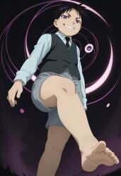 1boy ai_generated evil_smile feet feet_up fullmetal_alchemist_brotherhood homunculus pose pride_(fullmetal_alchemist) purple_eyes selim_bradley short_hair shorts solo
