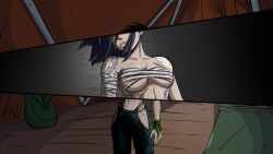 akali arm_tattoo bandaged_arm bandages bed black_hair black_pants breasts cg chest_sarashi cleavage collarbone female green_gloves green_pants hip_vent large_breasts league_of_legends long_hair lust_in_runeterra navel official_art open_mouth pants parody ponytail sarashi scar short_hair shoulder_tattoo solo sweat tattoo underboob