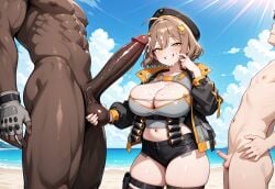 1girls 2boys ai_generated anis_(nikke) breasts cleavage cock_worship cuckold cum dark-skinned_male female goddess_of_victory:_nikke grabbing_testicles interracial large_penis light-skinned_male looking_at_viewer male netorare ntr penis penis_awe penis_size_comparison penis_size_difference precum self_upload size_comparison size_difference small_penis small_penis_humiliation tagme tiny_penis