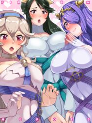 3girls :o big_breasts black_hair blush boris_(noborhys) camilla_(adrift)_(fire_emblem) camilla_(fire_emblem) corrin_(female)_(adrift)_(fire_emblem) corrin_(fire_emblem) corrin_(fire_emblem)_(female) elf female fire_emblem fire_emblem_fates huge_breasts mikoto_(adrift)_(fire_emblem) mikoto_(fire_emblem) mole mole_under_mouth multiple_girls nintendo nipples purple_eyes purple_hair red_eyes smile white_hair