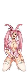 animal_ears bottomless breasts bunny_(hentai_heroes) cg cleavage collarbone convenient_censoring easter_bunny_(hentai_heroes) female full_body green_background hair_ribbon hentai_heroes huge_breasts kinkoid kneeling large_breasts licking_lips long_hair looking_at_viewer naughty_face no_bra no_panties novelty_censor official_art open_clothes open_shirt parody pink_eyes pink_hair pubic_hair rabbit rabbit_ears red_eyes shirt simple_background sleeves_rolled_up smile solo thighhighs thighs tongue tongue_out transparent_background twintails