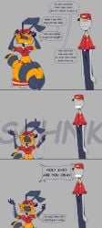 1boy 1girls 3_panel_comic abdomen accidental_penetration anal_penetration annoyed ass bee black_eyes breasts cap comic constricted_pupils crop_top deep_penetration female huge_thighs impalement insects male midriff object_insertion penetration_through_clothes pizza_bee_(xexeezy) pizza_delivery_carrier red_clothing shaking sitting speech_bubble stool stool_breaking surprised_expression sweat thick thick_thighs thin_waist thong wide_hips xexeezy yellow_body