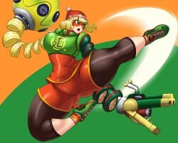 arms_(game) attack blonde_hair bottom_heavy bottom_heavy_female domino_mask female green_eyes kailyn kreativekailyn midair min_min_(arms) nintendo simple_background thick_thighs thunder_thighs