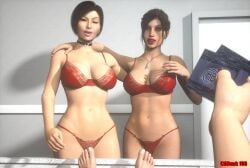 2girls 3d ada_wong cahunk100 claire_redfield condom_wrapper red_bra red_panties red_underwear resident_evil underwear