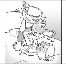 ! anal anal_sex animate_inanimate anus anvil_position balls bed blush bottomless brother brothers closed_eyes clothed clothed_sex clothing comic cum cum_on_clothing cup cuphead cuphead_(game) dialogue duo english english_text gay gloves humanoid humanoid_on_humanoid incest leg_grab legs_up legwear lying male male_penetrating moan mugman object_head on_back on_bed open_pants penetration porn_dialogue sex shorts sibling socks speech_bubble text toxic-boner uncolored video_games yaoi